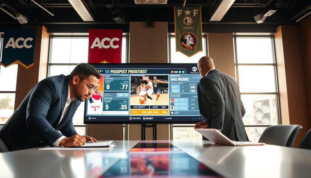 A dynamic scene illustrating an ACC basketball draft prospect analysis, featuring a diverse group of three analysts in professional business attire, intently discussing a large digital screen displaying player stats and game highlights. In the foreground, the analysts lean over a table with notes and tablets. The middle ground showcases the digital screen with vibrant graphics and charts illustrating player performance metrics. In the background, a stylish sports conference room with banners of the ACC and FSU, light streaming from large windows creating a bright, focused atmosphere. Use a shallow depth of field to emphasize the analysts while softening the background. Capture a serious yet engaging mood that highlights the intensity of the NBA draft prospect spotlight. A dynamic scene illustrating an ACC basketball draft prospect analysis, featuring a diverse group of three analysts in professional business attire, intently discussing a large digital screen displaying player stats and game highlights. In the foreground, the analysts lean over a table with notes and tablets. The middle ground showcases the digital screen with vibrant graphics and charts illustrating player performance metrics. In the background, a stylish sports conference room with banners of the ACC and FSU, light streaming from large windows creating a bright, focused atmosphere. Use a shallow depth of field to emphasize the analysts while softening the background. Capture a serious yet engaging mood that highlights the intensity of the NBA draft prospect spotlight.
