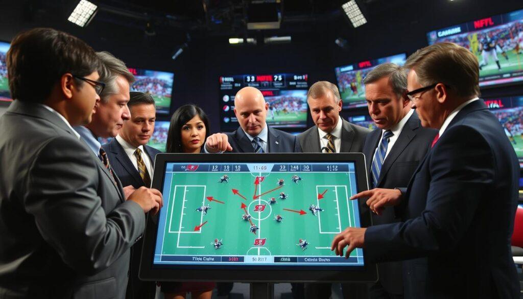 A dynamic scene showcasing a detailed NFL game analysis of the Tampa Bay Buccaneers' secondary coverage. In the foreground, a group of analysts in professional attire huddle around a digital tablet displaying player formations and statistics. The analysts, diverse in appearance and gender, are engaged in a spirited discussion, pointing at the screen. In the middle ground, a digital whiteboard or screen shows graphics of receivers versus defensive backs, with arrows indicating coverage strategies and routes. The background features a dimly lit sports studio filled with digital screens, displaying game highlights and analytics. The lighting is professional and focused, highlighting the analysts and the equipment. The atmosphere is intense and analytical, capturing the essence of strategic sports analysis.