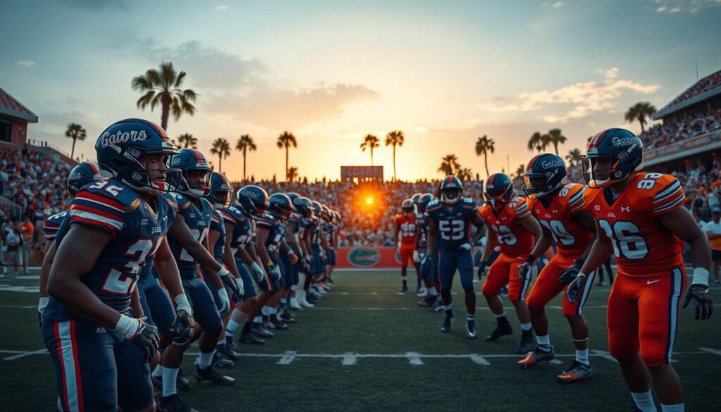 A dynamic scene showcasing the rising stars of the Florida Gators football team on the field during a pivotal rivalry game. In the foreground, a diverse group of young athletes, clad in vibrant blue and orange uniforms, display determination and focus as they strategize, the sun setting behind them, casting a warm golden hue. In the middle ground, the blurred outline of an excited crowd with Gators banners waving, adding to the electric atmosphere of the stadium. The background features iconic Florida landscapes, with palm trees silhouetted against the dusky sky. The image is captured from a low angle, emphasizing the players’ intensity and confidence. The overall mood is energized and hopeful, reflecting the anticipation of competitive games ahead.
