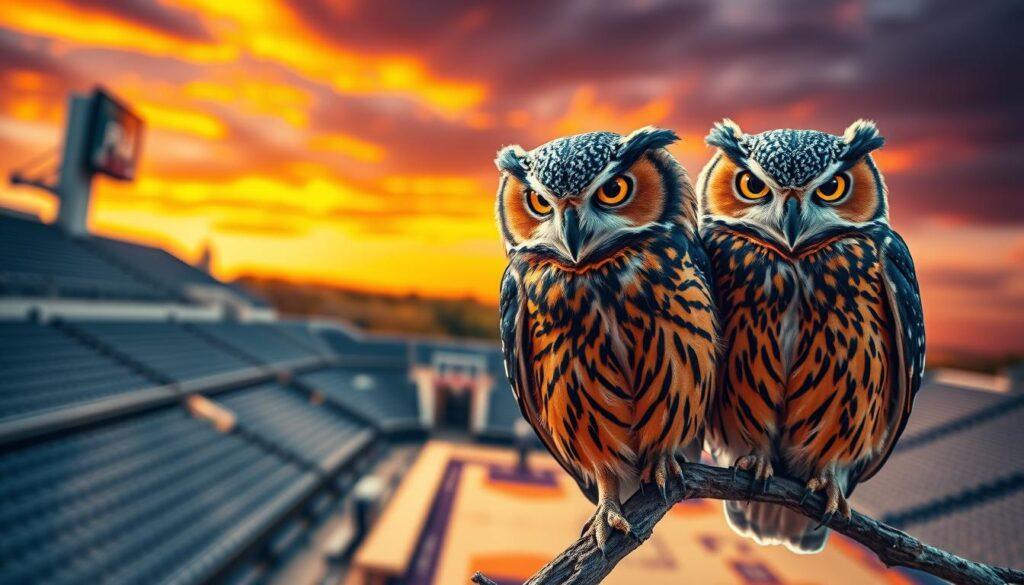 A majestic scene featuring a pair of FAU Owls perched on a branch, their feathers a striking blend of blue and orange, symbolizing the spirit of Florida Atlantic University. The foreground showcases detailed close-ups of the owls' expressive eyes and distinctive facial features, capturing their inquisitive nature. In the middle ground, a soft focus on a neutral arena setting can be seen, with faint outlines of bleachers and a basketball court, hinting at the enigmatic atmosphere of sports competition. The background features a sunset sky, radiating warm hues of orange and deep purple, creating a captivating light that enhances the scene's dramatic mood. The image should have a slight depth of field effect, emphasizing the owls while keeping the arena subtly in view, evoking feelings of anticipation and excitement.