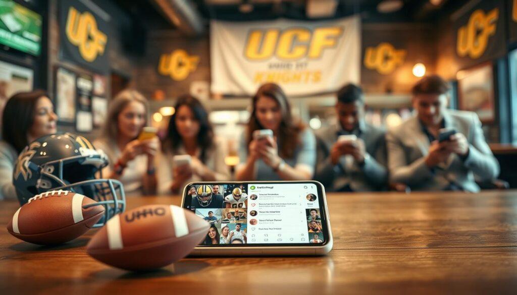 An engaging depiction of a smartphone with a vibrant social media interface, showcasing a lively discussion about UCF Knights football. In the foreground, the phone should lie on a wooden table, surrounded by football memorabilia like a miniature helmet and a football. The middle ground features a blurred group of diverse fans engaging with their devices, dressed in professional casual attire, excitedly sharing their predictions and analyses. The background illustrates a cozy sports bar atmosphere with UCF colors and banners prominently displayed. Soft, warm lighting creates an inviting mood, while an overhead camera angle captures the interaction among fans, emphasizing the buzz and excitement surrounding the game.