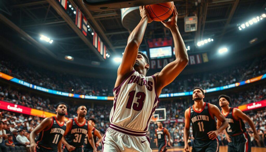 A dynamic basketball scene featuring an athlete resembling Scottie Barnes in action during a game. The foreground focuses on him executing a powerful layup while wearing a professional basketball uniform, with a determination in his expression. In the middle ground, teammates and opponents are positioned, with varied expressions indicating tension and competition, emphasizing the game's intensity. The background showcases a packed stadium with enthusiastic fans, colorful banners, and bright overhead lights reflecting off the polished court. The atmosphere is electric, capturing the excitement of the game—a moment of athletic prowess and strategy. The lighting should be vivid and dramatic, enhancing the players' movement and facial expressions, shot from a low angle to convey the height of the action. A dynamic basketball scene featuring an athlete resembling Scottie Barnes in action during a game. The foreground focuses on him executing a powerful layup while wearing a professional basketball uniform, with a determination in his expression. In the middle ground, teammates and opponents are positioned, with varied expressions indicating tension and competition, emphasizing the game's intensity. The background showcases a packed stadium with enthusiastic fans, colorful banners, and bright overhead lights reflecting off the polished court. The atmosphere is electric, capturing the excitement of the game—a moment of athletic prowess and strategy. The lighting should be vivid and dramatic, enhancing the players' movement and facial expressions, shot from a low angle to convey the height of the action.