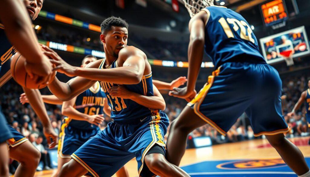 A dynamic basketball scene showcasing a player executing a box creation maneuver during a game. In the foreground, a focused athlete in a blue and gold basketball uniform is performing a strong post seal, demonstrating precise footwork and athleticism. His body is angled toward the basket, showcasing muscles and determination. In the middle ground, defenders struggle to maintain their position, their expressions reflecting the intensity of the competition. The background features a vibrant basketball court, complete with arena lighting that casts dramatic shadows. Capture the energy with a slightly low-angle perspective to emphasize the player's stature and skill. The atmosphere is charged, with blurred crowd excitement hinting at a thrilling game, evoking the passion and drive found in professional basketball. A dynamic basketball scene showcasing a player executing a box creation maneuver during a game. In the foreground, a focused athlete in a blue and gold basketball uniform is performing a strong post seal, demonstrating precise footwork and athleticism. His body is angled toward the basket, showcasing muscles and determination. In the middle ground, defenders struggle to maintain their position, their expressions reflecting the intensity of the competition. The background features a vibrant basketball court, complete with arena lighting that casts dramatic shadows. Capture the energy with a slightly low-angle perspective to emphasize the player's stature and skill. The atmosphere is charged, with blurred crowd excitement hinting at a thrilling game, evoking the passion and drive found in professional basketball.