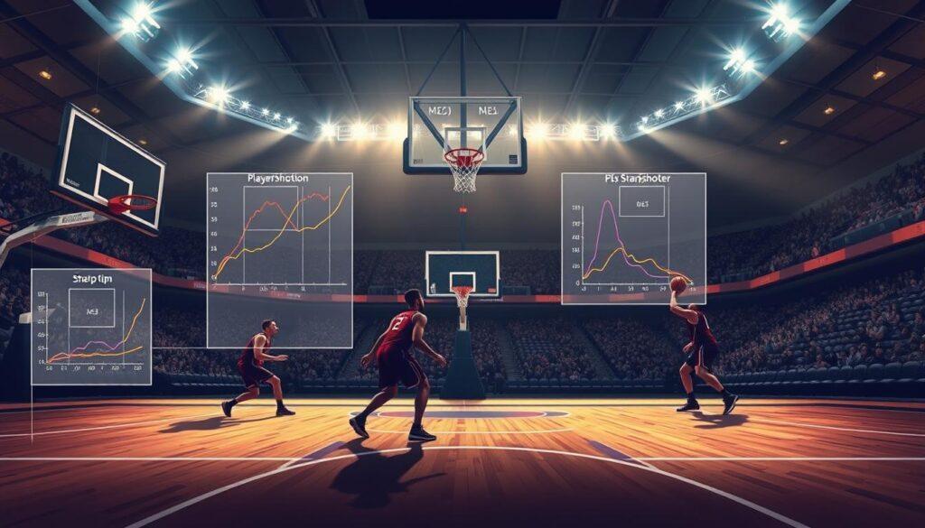 A dynamic illustration capturing the essence of "DFS stacking center roll men correlation." In the foreground, show a basketball court with two players in motion: a center positioned under the hoop, ready to roll towards the basket, and a sharpshooter beyond the arc preparing to shoot. The middle ground features detailed schematics of statistical graphs and player positioning overlays that represent DFS strategies. In the background, the half-filled stadium is buzzing with energy, under bright arena lights casting dramatic shadows. Use a wide-angle lens perspective for depth, highlighting the intensity of the game. The overall mood should be competitive and strategic, emphasizing the tactical aspect of basketball scoring correlations. A dynamic illustration capturing the essence of "DFS stacking center roll men correlation." In the foreground, show a basketball court with two players in motion: a center positioned under the hoop, ready to roll towards the basket, and a sharpshooter beyond the arc preparing to shoot. The middle ground features detailed schematics of statistical graphs and player positioning overlays that represent DFS strategies. In the background, the half-filled stadium is buzzing with energy, under bright arena lights casting dramatic shadows. Use a wide-angle lens perspective for depth, highlighting the intensity of the game. The overall mood should be competitive and strategic, emphasizing the tactical aspect of basketball scoring correlations.