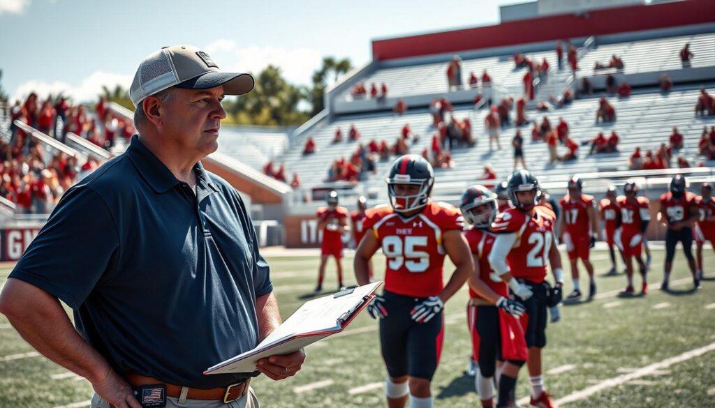 A dynamic scene capturing the concept of "redshirt risk" in a high school sports environment. In the foreground, a focused male football coach, dressed in a professional polo shirt and cap, stands with a clipboard, displaying an intense expression as he discusses player strategies with a couple of attentive athletes in practice gear. In the middle ground, a high school football field is alive with activity; players in red jerseys engage in drills, while others appear to be evaluating their performance. The background features cheering fans in a stadium setting under a bright Florida sun, casting vibrant light across the scene, enhancing the energy and urgency. The overall mood is one of determination and strategy, showcasing the challenges of balancing team dynamics and player performance. A dynamic scene capturing the concept of "redshirt risk" in a high school sports environment. In the foreground, a focused male football coach, dressed in a professional polo shirt and cap, stands with a clipboard, displaying an intense expression as he discusses player strategies with a couple of attentive athletes in practice gear. In the middle ground, a high school football field is alive with activity; players in red jerseys engage in drills, while others appear to be evaluating their performance. The background features cheering fans in a stadium setting under a bright Florida sun, casting vibrant light across the scene, enhancing the energy and urgency. The overall mood is one of determination and strategy, showcasing the challenges of balancing team dynamics and player performance.