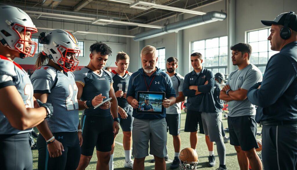 A dynamic scene capturing the essence of Florida high school recruits under injury and academic clearance watch. In the foreground, a diverse group of high school athletes in professional sports gear examining training footage on a tablet, displaying a sense of urgency and concentration. The middle ground features a well-equipped training facility with various sports equipment scattered about. Coaches in professional coaching attire discuss strategies with concerned expressions, highlighting the importance of both physical health and academic performance. The background reveals bright, natural sunlight streaming through large windows, casting dynamic shadows across the room, enhancing an atmosphere of focus and determination. The overall mood is tense yet hopeful, emphasizing the dual challenges of recovery and academic success that young athletes face. A dynamic scene capturing the essence of Florida high school recruits under injury and academic clearance watch. In the foreground, a diverse group of high school athletes in professional sports gear examining training footage on a tablet, displaying a sense of urgency and concentration. The middle ground features a well-equipped training facility with various sports equipment scattered about. Coaches in professional coaching attire discuss strategies with concerned expressions, highlighting the importance of both physical health and academic performance. The background reveals bright, natural sunlight streaming through large windows, casting dynamic shadows across the room, enhancing an atmosphere of focus and determination. The overall mood is tense yet hopeful, emphasizing the dual challenges of recovery and academic success that young athletes face.