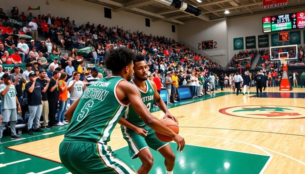 A dynamic scene capturing the essence of mid-major Florida college basketball teams, featuring Stetson and FGCU players in action on a neutral court, filled with excitement. In the foreground, two athletes are engaged in an intense play, adorned in modern jerseys, showcasing their athleticism and determination. The middle ground showcases a diverse crowd of enthusiastic fans wearing team colors, waving flags and banners, creating an electric atmosphere. The background reveals a neutral court setup with vibrant court markings and scoreboard, under bright overhead lighting that enhances the energy of the scene. The perspective is slightly angled to capture the action, evoking a sense of movement and anticipation, embodying the spirit of conference tournaments in Florida college basketball.