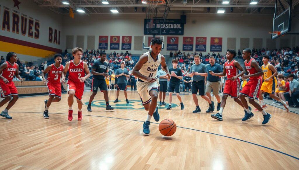 A dynamic scene illustrating early season high school basketball tournaments, focused on the intensity and strategy of game play. In the foreground, a diverse group of high school players, dressed in vibrant team jerseys and shorts, are energetically vying for the ball on a polished hardwood court. The middle ground features enthusiastic coaches and scouts, taking notes on tablets while assessing player performance. In the background, the high school gym is bustling with excited spectators, adorned with school colors and banners. The lighting is bright and energetic, reminiscent of a professional sports arena. Use a wide-angle lens for a dramatic effect, capturing the action from a low angle to emphasize the athleticism of the players, creating a mood of anticipation and competitiveness. A dynamic scene illustrating early season high school basketball tournaments, focused on the intensity and strategy of game play. In the foreground, a diverse group of high school players, dressed in vibrant team jerseys and shorts, are energetically vying for the ball on a polished hardwood court. The middle ground features enthusiastic coaches and scouts, taking notes on tablets while assessing player performance. In the background, the high school gym is bustling with excited spectators, adorned with school colors and banners. The lighting is bright and energetic, reminiscent of a professional sports arena. Use a wide-angle lens for a dramatic effect, capturing the action from a low angle to emphasize the athleticism of the players, creating a mood of anticipation and competitiveness.