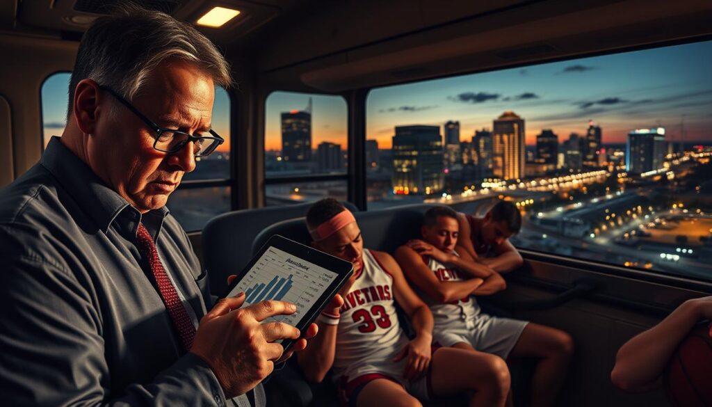 A montage depicting the concept of "travel fatigue" in Jacksonville's betting scene, focusing on mid-major college basketball. In the foreground, a tired yet determined coach in professional attire, looking at a sports betting chart on a tablet. In the middle ground, several basketball players in their team jerseys, visibly worn out, resting on a bus, their expressions reflecting exhaustion after a long journey. In the background, a cityscape of Jacksonville at dusk with glowing lights, symbolizing the vibrant betting scene. The lighting is warm and dim, casting long shadows; the angle is slightly elevated to encompass both the bus and the skyline. The overall mood conveys a blend of weariness and determination, highlighting the impact of travel fatigue on sports betting outcomes.