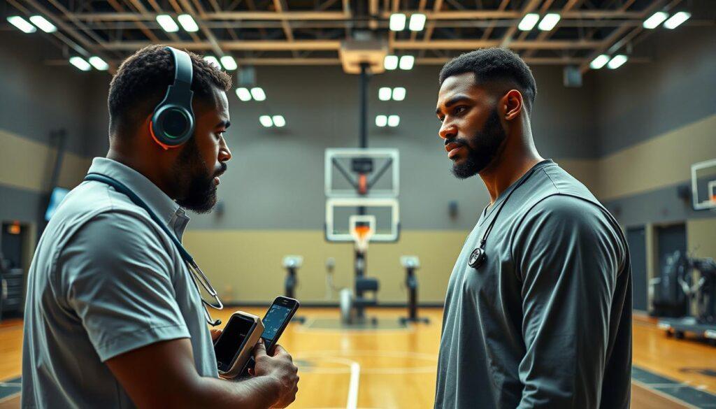 A professional NBA injury management session focused on Bradley Beal, positioned in a modern sports facility. In the foreground, a highly detailed medical staff, dressed in professional attire, attentively monitors Beal, who is wearing a training outfit, assessing him with high-tech health monitoring devices. The middle ground shows a sleek display of equipment and tools used for injury rehabilitation, while in the background, bright gym lights illuminate the facility, emphasizing a sense of focus and determination. The atmosphere is serious yet supportive, highlighting the importance of health and travel management in professional sports. Use a slightly elevated angle to capture the entire scene effectively. A professional NBA injury management session focused on Bradley Beal, positioned in a modern sports facility. In the foreground, a highly detailed medical staff, dressed in professional attire, attentively monitors Beal, who is wearing a training outfit, assessing him with high-tech health monitoring devices. The middle ground shows a sleek display of equipment and tools used for injury rehabilitation, while in the background, bright gym lights illuminate the facility, emphasizing a sense of focus and determination. The atmosphere is serious yet supportive, highlighting the importance of health and travel management in professional sports. Use a slightly elevated angle to capture the entire scene effectively.