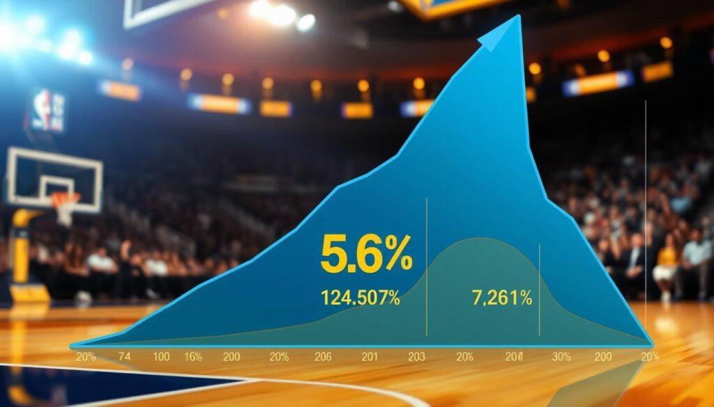 An analytical visualization of NBA statistics focused on Bradley Beal's assist rate and free throw rate. In the foreground, a stylized graph illustrates a sharp upward trend, featuring vibrant blue and gold colors to symbolize Beal's dynamic playstyle. The middle layer should showcase key statistics with elegant icons representing assists and free throws, flowing seamlessly into the graph. In the background, a basketball court hinting at Beal’s Florida roots adds context, with blurred audience silhouettes to convey a lively game atmosphere. The lighting is bright and energetic, mimicking a spotlight effect on the graph. The overall mood should be inspirational, showcasing the evolution of Beal from sharpshooter to elite scorer in the NBA. An analytical visualization of NBA statistics focused on Bradley Beal's assist rate and free throw rate. In the foreground, a stylized graph illustrates a sharp upward trend, featuring vibrant blue and gold colors to symbolize Beal's dynamic playstyle. The middle layer should showcase key statistics with elegant icons representing assists and free throws, flowing seamlessly into the graph. In the background, a basketball court hinting at Beal’s Florida roots adds context, with blurred audience silhouettes to convey a lively game atmosphere. The lighting is bright and energetic, mimicking a spotlight effect on the graph. The overall mood should be inspirational, showcasing the evolution of Beal from sharpshooter to elite scorer in the NBA.