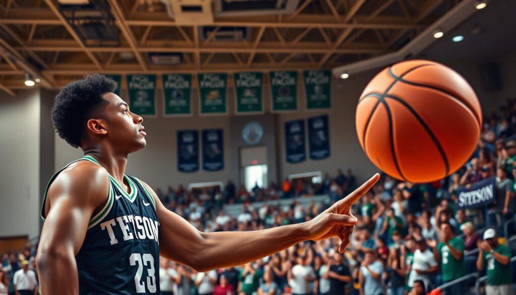 Vibrant scene capturing the spirit of mid-major college basketball in Florida, featuring players from Stetson and FGCU. In the foreground, a determined athlete in a professional jersey spins a basketball on his finger, showcasing focus and athleticism. The middle ground reveals a packed gymnasium filled with fans cheering enthusiastically, waving team banners and wearing school colors. The background portrays the university's emblematic architecture, emphasizing a strong local identity. Soft overhead lighting casts a warm glow, while dynamic lens angles create a sense of movement and excitement. The overall mood is one of intense competition and camaraderie, highlighting the caution surrounding injury reporting and class conflicts, underlining the dedication of these student-athletes.