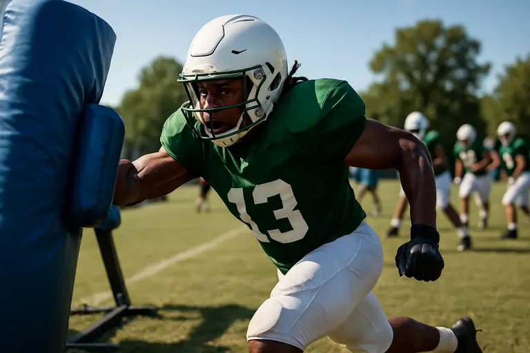 Defensive lineman explodes from his stance during a football practice drill