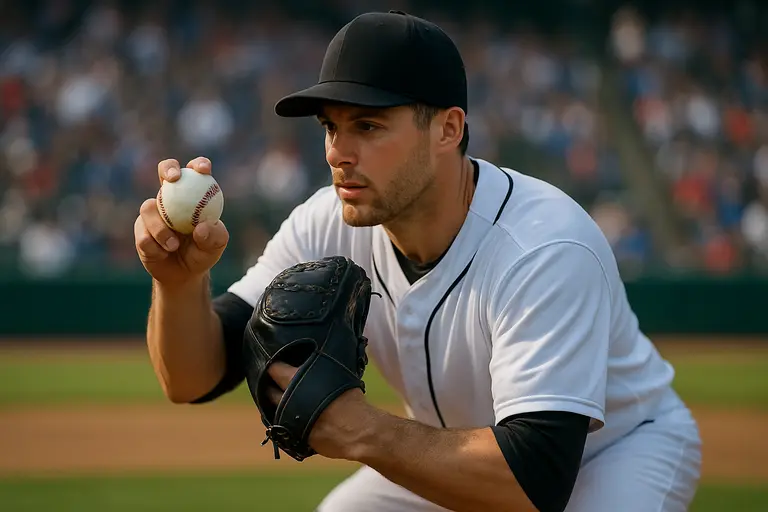 Pitcher grips a baseball before throwing from the mound