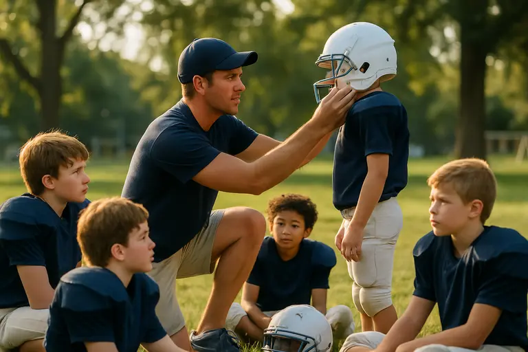 Youth football players watch older athletes practice on a nearby field