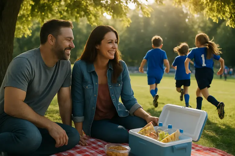 Families with chairs and tents along a youth soccer sideline in Florida