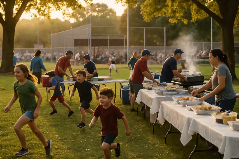 Families walking with baseball bags near a Sanford sports complex