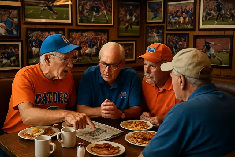 Fans walking near a Gainesville stadium before a college football game