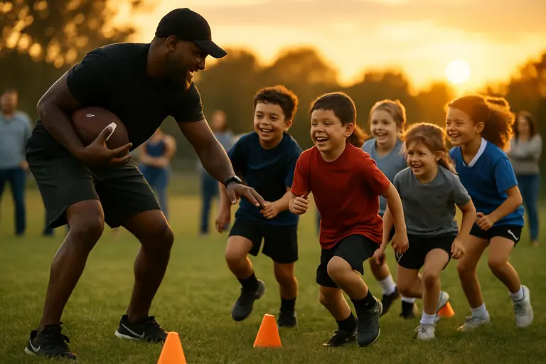 Children playing football games near a practice facility fan area