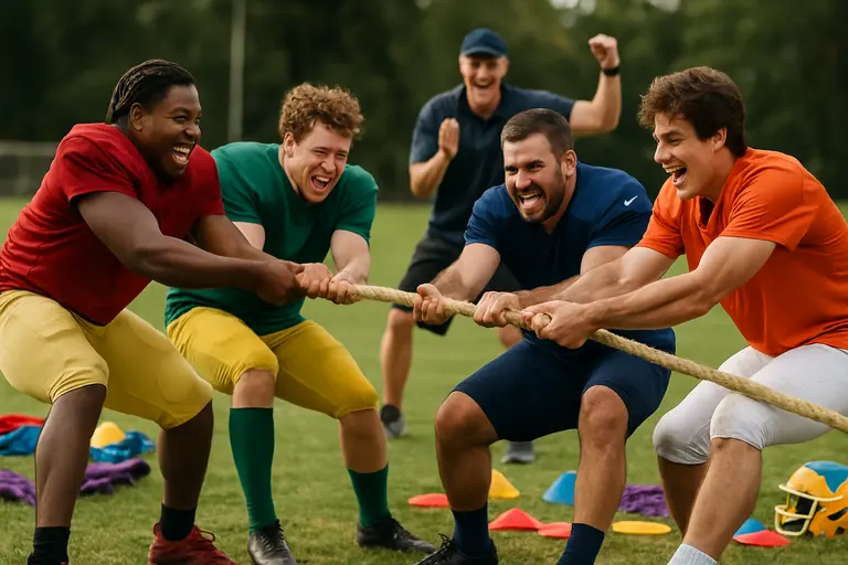 College football teammates gathering between practice periods on a Florida field