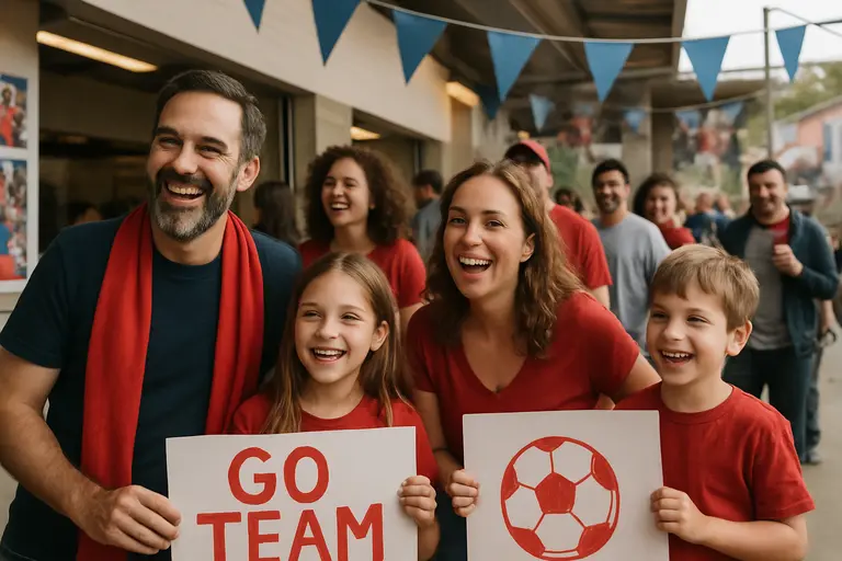 Families walking toward a college soccer venue before kickoff
