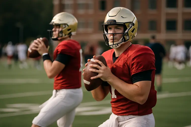 Two quarterbacks warming up on a college practice field before team drills