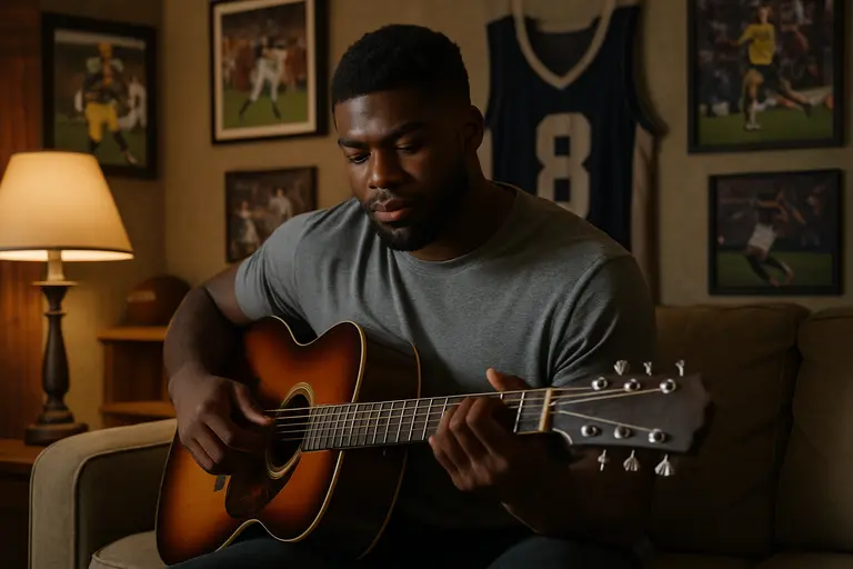 A football player sitting near a piano and sports gear after practice