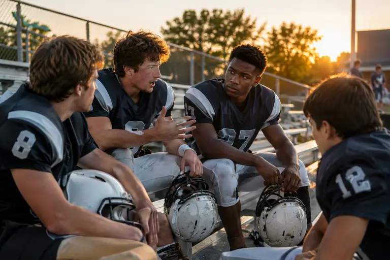 A high school football sideline with coaches speaking to players