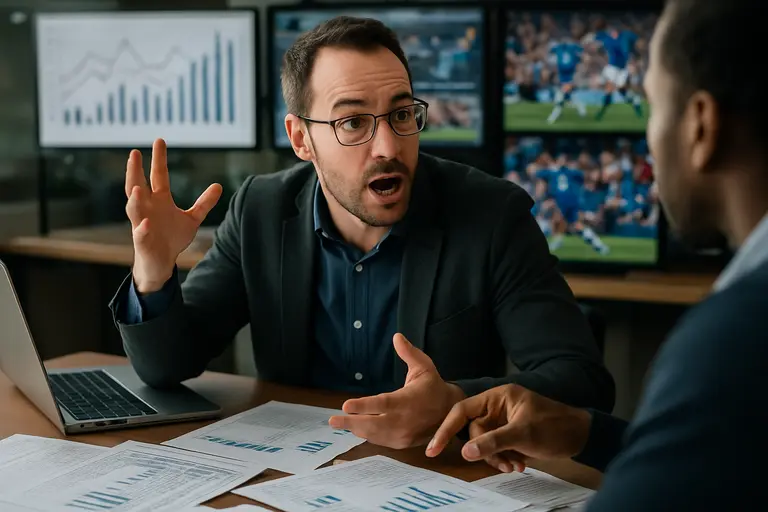 Coach reviewing football stats with players on the sideline during a game