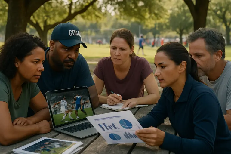 Coach reviewing sign-up sheets beside equipment at a youth sports field