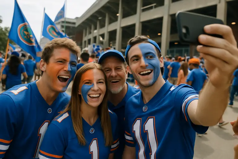 College football fans walk toward a stadium entrance before a night kickoff