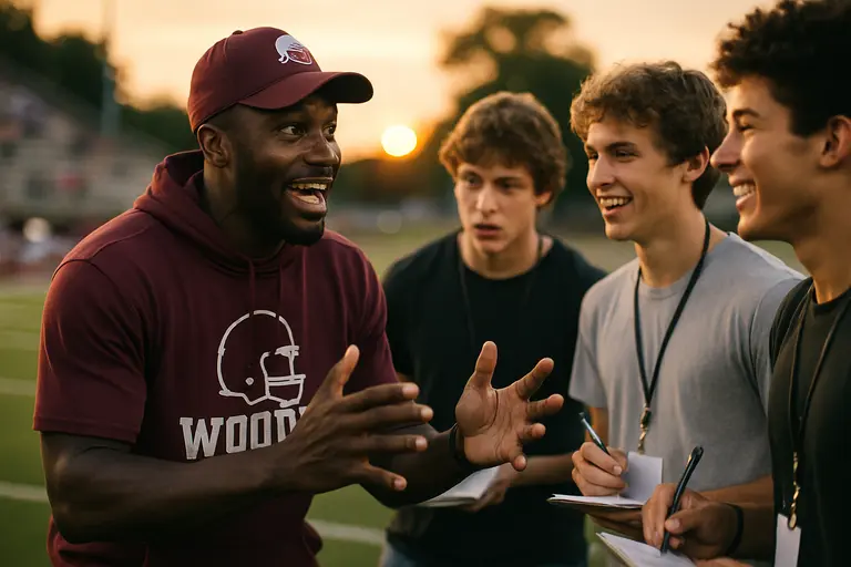 College football player walking from practice with teammates nearby