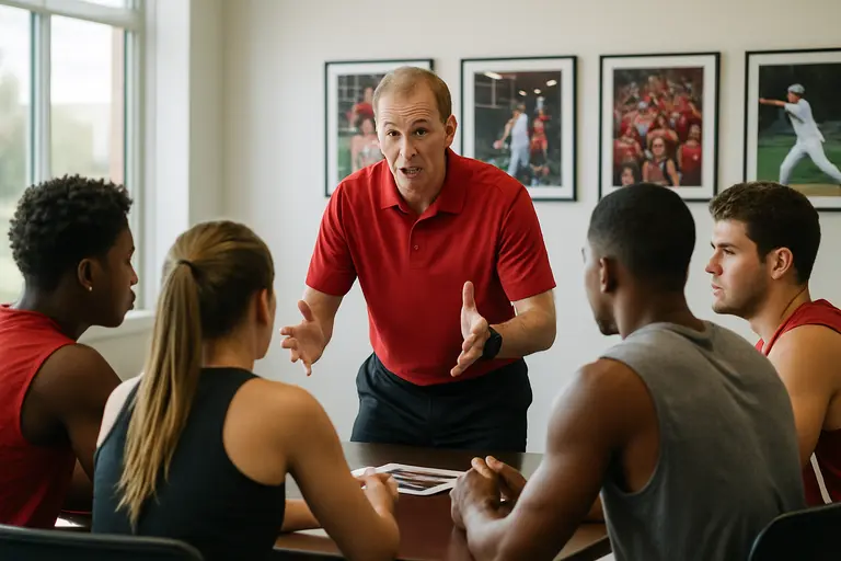Family and athlete review paperwork with an advisor at a table
