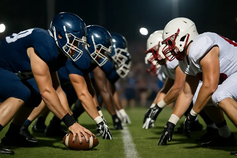 Football players lining up at the line of scrimmage during a night game