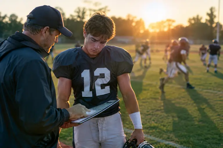 High school football players meeting college coaches near a practice field