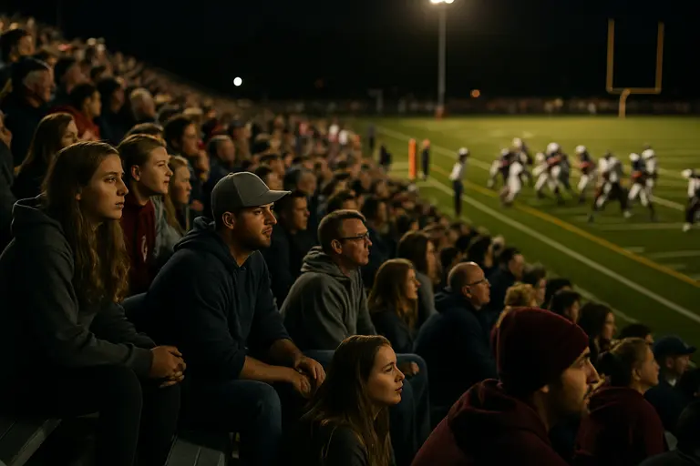 Local high school football crowd watches a night game from the stands