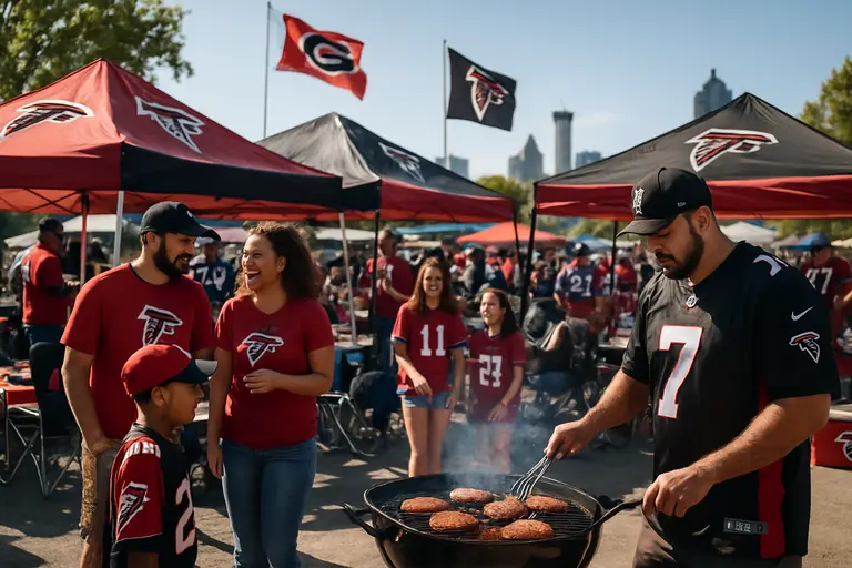 Neutral-site football stadium exterior with fans arriving before kickoff