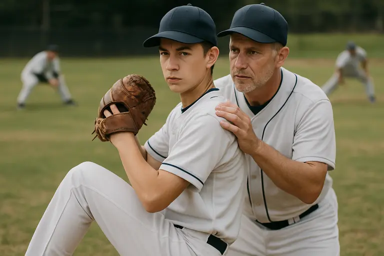 Pitcher and catcher meeting on the mound during practice